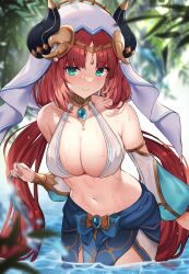 Rule 34 | 1girl, absurdres, aqua eyes, bare shoulders, blue gemstone, blush, breasts, circlet, cleavage, dancer, detached sleeves, fake horns, gem, genshin impact, gold trim, green eyes, harem outfit, highres, horns, jewelry, large breasts, long hair, long sleeves, looking at viewer, meow nyang, navel, neck ring, nilou (genshin impact), outdoors, partially submerged, red hair, twintails, veil, very long hair, white headdress, white veil