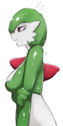 Rule 34 | 1girl, absurdres, arm at side, bob cut, breasts, colored skin, creatures (company), female focus, flying sweatdrops, from side, game freak, gardevoir, gen 3 pokemon, green hair, green skin, half-closed eyes, hand up, highres, holding own arm, large breasts, multicolored skin, my700, nintendo, open mouth, pokemon, pokemon (creature), profile, red eyes, shiny skin, short hair, simple background, sketch, solo, standing, teeth, two-tone skin, upper body, white background, white skin