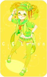 Rule 34 | 1girl, bad id, bad pixiv id, blonde hair, bottle, c.c. lemon, c.c. lemon (character), character name, copyright name, glasses, green eyes, groin, hand on own hip, hat, hip focus, holding, navel, shorts, solo, thighhighs, tongue, vo ture, yellow background, yellow thighhighs