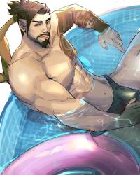 Rule 34 | 1boy, bara, beard, black hair, black male swimwear, brown hair, bulge, crotch grab, facial hair, feet out of frame, from side, hanzo (overwatch), highres, large pectorals, long hair, looking at viewer, male focus, male swimwear, mature male, muscular, muscular male, navel, overwatch, overwatch 1, pectorals, ponytail, solo, swim briefs, thighs, topless male, unfinished, yamariceball