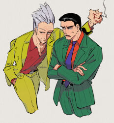 Rule 34 | 2boys, belt, black belt, blazer, cigarette, closed mouth, collared shirt, commentary request, cowboy shot, cropped legs, crossed arms, formal, gin to kin, green jacket, green pants, grey background, grey hair, hair slicked back, hand in pocket, hirai ginji, holding, holding cigarette, inudori, jacket, looking afar, low ponytail, male focus, morita tetsuo, multiple boys, necktie, old, old man, open mouth, orange shirt, pants, purple necktie, red shirt, shirt, short hair, simple background, smoke, spiked hair, suit, yellow jacket, yellow pants