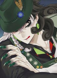 Rule 34 | 1boy, absurdres, ashiya douman (fate), asymmetrical hair, black hair, braid, collared shirt, curly hair, earrings, fate/grand order, fate (series), fedora, fingernails, hair between eyes, half-closed eyes, haruhina, hat, highres, jewelry, large hands, licking lips, long hair, looking at viewer, magatama, magatama earrings, male focus, multicolored hair, official alternate costume, seductive smile, sharp fingernails, shirt, smile, solo, split-color clothes, split-color hair, tongue, tongue out, two-tone hair, upper body, very long hair, white hair