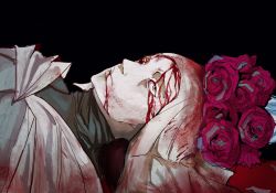 Rule 34 | black background, blood, blood on face, closed mouth, ekhvfvdhr7lgjjm, elden ring, flower, from side, highres, looking at viewer, looking to the side, lying, male focus, mask, on side, red flower, red rose, rose, sanpaku, sideways glance, simple background, upturned eyes, white-faced varre, yellow eyes