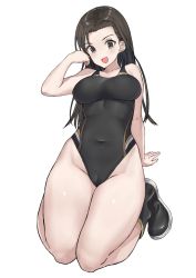Rule 34 | 1girl, asymmetrical bangs, black footwear, black hair, black one-piece swimsuit, boots, breasts, brown eyes, competition swimsuit, girls und panzer, girls und panzer gekijouban, highres, long hair, looking at viewer, medium breasts, nishi kinuyo, one-piece swimsuit, simple background, solo, straight hair, swimsuit, white background, yamano rita