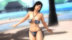 Rule 34 | 1girl, 3d, beach, black hair, blue eyes, breasts, dead or alive, dead or alive 5, highres, kokoro (doa), large breasts, long hair, ocean, official art, official wallpaper, palm tree, smile, solo, swimsuit, tecmo, tree, underboob, wallpaper