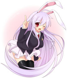 Rule 34 | 1girl, animal ears, bad id, bad pixiv id, blazer, breasts, rabbit ears, colorized, etou (cherry7), female focus, jacket, large breasts, long hair, looking at viewer, necktie, one eye closed, open mouth, red eyes, reisen udongein inaba, silver hair, skirt, solo, thighhighs, touhou, wink, zettai ryouiki