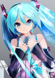 Rule 34 | 1girl, bare shoulders, black skirt, black sleeves, blue eyes, blue hair, blue necktie, character name, commentary, detached sleeves, english commentary, grey background, grey shirt, hair ornament, hands on own chest, hands up, hatsune miku, headphones, headset, highres, long hair, looking at viewer, microphone, necktie, shirt, signature, skirt, sleeveless, sleeveless shirt, smile, solo, takepon1123, twintails, upper body, very long hair, vocaloid
