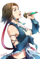 Rule 34 | 1girl, blue eyes, breasts, brown hair, detached sleeves, final fantasy, final fantasy x, final fantasy x-2, green eyes, hair ornament, heterochromia, highres, hiromyan, jewelry, microphone, navel, open mouth, short hair, simple background, skirt, solo, white background, yuna (ff10)