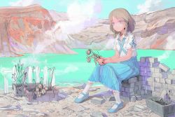 Rule 34 | 1girl, blue footwear, blue skirt, braid, brick, closed mouth, cloud, commentary request, day, dead plants, expressionless, fence, flower, full body, grey hair, highres, holding, holding flower, kumomachi, lake, looking at viewer, mary janes, medium hair, mountain, original, outdoors, picket fence, plant, potted plant, purple eyes, rubble, shirt, shoes, short sleeves, sitting, skirt, socks, solo, suspender skirt, suspenders, twin braids, white shirt, white socks, wooden fence