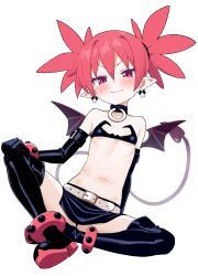 Rule 34 | 1girl, bat wings, belt, black skirt, closed mouth, commentary, demon girl, demon tail, disgaea, earrings, etna (disgaea), flat chest, hair between eyes, highres, jewelry, looking at viewer, navel, qusouzu mogari, red hair, short hair, simple background, sitting, skirt, skull earrings, solo, tail, twintails, white background, white belt, wings