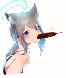 Rule 34 | 1girl, absurdres, animal ear fluff, animal ears, bare shoulders, blue archive, blue eyes, blue hair, blush, crop top, food, food in mouth, from side, gradient hair, grey hair, halo, highres, kazane-wind, long hair, looking at viewer, looking to the side, low ponytail, mouth hold, multicolored hair, sausage, shiroko (blue archive), simple background, solo, tearing up, tears, upper body, white background, wolf ears