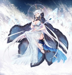 Rule 34 | 1girl, breasts, cleavage, cloak, crown, crystal, dress, female focus, highres, ice, jewelry, large breasts, lipstick, long hair, makeup, mirunai, nail polish, queen, sandals, scepter, snow, staff, thighs, white hair, white theme, winter, yellow eyes