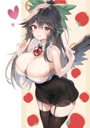 Rule 34 | 1girl, absurdres, apple, black hair, black skirt, black thighhighs, black wings, bow, breasts, cleavage, commentary request, detached collar, food, fruit, garter straps, green bow, hair bow, heart, highres, huge breasts, long hair, looking at viewer, mole, mole on breast, open mouth, red eyes, reiuji utsuho, shirt, skirt, solo, tetsurou (fe+), thighhighs, third eye, touhou, white shirt, wings, yellow background