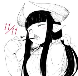 Rule 34 | 1girl, animal ears, black hair, blunt bangs, blush, closed eyes, dated, food, greyscale, horned girl (jaco), horns, jaco, monochrome, open mouth, original, pocky, pocky day, ponytail, sidelocks, simple background, solo, spot color, upper body, white background