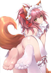 Rule 34 | 1girl, :o, @ @, absurdres, all fours, animal ears, animal hands, anus, apron, ass, barefoot, blush, bow, bright pupils, cat hair ornament, censored, fate/grand order, fate (series), feet, foot focus, fox ears, fox tail, from behind, gloves, hair bow, hair ornament, highres, looking at viewer, looking back, maid headdress, mosaic censoring, naked apron, paw gloves, penis, pink hair, ponytail, pussy, ringed eyes, ruton-niki, shiny skin, single thighhigh, smile, soles, solo, tail, tamamo (fate), tamamo cat (fate), tamamo cat (third ascension) (fate), tamamo no mae (fate/extra), thighhighs, toes, twisted neck, white pupils, yellow eyes