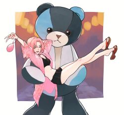 Rule 34 | 1girl, 1other, black sports bra, breasts, carrying, chinese commentary, commentary request, goma307, green eyes, haruno sakura, highres, jacket, medium breasts, naruto (series), naruto shippuuden, navel, one eye closed, pink hair, pink jacket, pink nails, princess carry, sandals, short hair, short shorts, shorts, smile, sports bra, stuffed animal, stuffed toy, teddy bear, tongue, tongue out, v, zouri