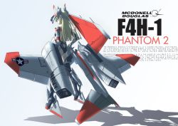 Rule 34 | 1girl, blonde hair, boots, detached sleeves, emblem, english text, f-4 phantom ii, full body, leotard, logo, long hair, mcdonell douglas, mecha musume, nenchi, original, roundel, simple background, solo, standing, thigh boots, thighhighs, white background