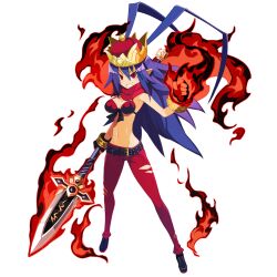 Rule 34 | 1girl, antenna hair, belt, bikini, bikini top only, blue hair, bracelet, breasts, clenched hand, crown, disgaea, disgaea rpg, fire, full body, genderswap, genderswap (mtf), hair between eyes, highres, holding, holding polearm, holding weapon, jewelry, laharl, laharl-chan, large breasts, long hair, makai senki disgaea, navel, non-web source, official art, pants, photoshop (medium), pointy ears, polearm, red eyes, red pants, scarf, slit pupils, solo, standing, swimsuit, torn clothes, transparent background, very long hair, weapon