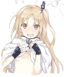 Rule 34 | 1girl, anchor, azur lane, black gloves, blonde hair, blush, breasts, brown eyes, capelet, cleveland (azur lane), embarrassed, fingerless gloves, full-face blush, gloves, hair ornament, long hair, looking at viewer, nakayama miyuki, nervous smile, no bra, nose blush, one side up, open mouth, parted bangs, small breasts, smile, solo, sweat, teeth, underboob, upper body