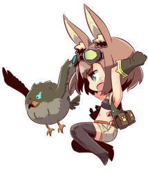 Rule 34 | 1girl, :o, animal, animal ear fluff, animal ears, arms up, bandeau, bird, black bandeau, boots, brown footwear, brown gloves, brown hair, brown thighhighs, elbow gloves, etrian odyssey, full body, gloves, glowing, glowing eye, goggles, goggles on head, green eyes, green vest, hound (sekaiju), naga u, open clothes, open mouth, open vest, profile, rabbit ears, short shorts, shorts, simple background, solo, thigh boots, thighhighs, vest, white background, white shorts