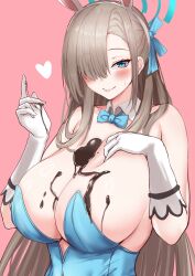 Rule 34 | 1girl, animal ears, aqua bow, aqua bowtie, aqua eyes, aqua ribbon, asuna (blue archive), asuna (bunny) (blue archive), bare shoulders, blue archive, blue halo, blue leotard, blush, bow, bowtie, breasts, brown hair, chocolate, chocolate on body, chocolate on breasts, closed mouth, commentary request, detached collar, elbow gloves, fake animal ears, food on body, gloves, hair over one eye, hair ribbon, hairband, halo, hands up, heart, highres, john zhang, large breasts, leotard, long hair, looking at viewer, mole, mole on breast, official alternate costume, pink background, playboy bunny, rabbit ears, ribbon, simple background, smile, solo, upper body, white gloves, white hairband