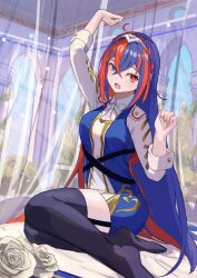 Rule 34 | 1girl, alear (female) (fire emblem), alear (fire emblem), arm up, black thighhighs, blue eyes, blue hair, crossed bangs, fire emblem, fire emblem engage, hair between eyes, heterochromia, highres, long hair, looking at viewer, multicolored hair, nintendo, on bed, open mouth, oramustat, red eyes, red hair, solo, thighhighs, tiara, two-tone hair, very long hair