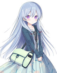 Rule 34 | 1girl, bag, blue dress, blue hair, blue jacket, blush, closed mouth, collarbone, dress, frilled dress, frills, hair between eyes, jacket, long hair, long sleeves, looking at viewer, open clothes, open jacket, original, own hands together, pleated dress, print dress, purple eyes, shell, shell print, shoulder bag, simple background, sleeves past wrists, solo, starfish print, very long hair, wavy mouth, white background, yuuki rika
