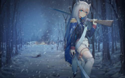 Rule 34 | 1girl, absurdres, ahoge, animal ears, blue cape, blue jacket, blush, boots, cape, commentary request, copyright request, fire, forest, frown, gun, hair ornament, hairclip, highres, holding, holding gun, holding sword, holding weapon, jacket, knee boots, long sleeves, looking at viewer, nature, night, outdoors, ray (pixiv9514208), rifle, shorts, simple background, snow, solo, star (symbol), star hair ornament, sword, tail, tree, virtual youtuber, weapon, white background, white footwear, white legwear, white shorts, wolf ears, wolf tail