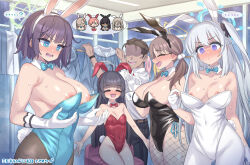 Rule 34 | ..., 1boy, 4girls, :d, ?, akane (blue archive), akane (blue archive) (cosplay), akane (bunny) (blue archive), animal ears, areola slip, asuna (blue archive), asuna (blue archive) (cosplay), asuna (bunny) (blue archive), bare shoulders, black hair, black leotard, blonde hair, blue archive, blue eyes, blue halo, blue leotard, blunt bangs, blush, bow, bowtie, breast conscious, breast envy, breasts, breasts out, brown hair, changing room, cleavage, closed eyes, closed mouth, collarbone, commentary request, cosplay, covered navel, detached collar, dot mouth, embarrassed, fake animal ears, fishnets, glasses, gloves, green halo, grey halo, hair bow, hair ribbon, hairband, halo, highleg, indoors, karin (blue archive), karin (blue archive) (cosplay), karin (bunny) (blue archive), large breasts, leotard, long hair, looking at viewer, mimonel, miyako (blue archive), miyu (blue archive), moe (blue archive), multiple girls, neru (blue archive), neru (blue archive) (cosplay), neru (bunny) (blue archive), nipple slip, nipples, nose blush, one side up, open mouth, oversized breast cup, pantyhose, playboy bunny, purple eyes, rabbit ears, rabbit tail, rain, red leotard, revision, ribbon, saki (blue archive), sensei (blue archive), short hair, sitting, small breasts, smile, spoken character, spoken ellipsis, strapless, strapless leotard, sweat, tail, twintails, v-shaped eyebrows, very long hair, white leotard, white pantyhose, wide-eyed, wrist cuffs, yellow halo