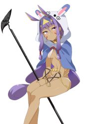 Rule 34 | 1girl, animal ears, ashino, belly chain, blunt bangs, body chain, breasts, breasts apart, commentary request, dark-skinned female, dark skin, earrings, facial mark, fate/grand order, fate (series), gold trim, hair between eyes, hairband, highres, holding, hood, hood up, hoop earrings, invisible chair, jackal ears, jewelry, long hair, looking at viewer, nitocris (fate), purple eyes, purple hair, sidelocks, simple background, sitting, solo, very long hair, white background