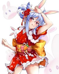 Rule 34 | 1girl, :q, ahoge, animal ear fluff, animal ears, back bow, blue hair, blush, bow, braid, braided bun, breasts, commentary, contrapposto, cowboy shot, don-chan (usada pekora), english commentary, flower, fur trim, hair between eyes, hair bun, hair flower, hair ornament, hand over face, highres, hololive, japanese clothes, kimono, long hair, looking at viewer, medium breasts, multicolored hair, orange bow, pink flower, rabbit background, rabbit ears, rabbit girl, red kimono, sidelocks, simple background, solo, standing, suprhiro, thick eyebrows, tongue, tongue out, two-tone hair, usada pekora, usada pekora (new year), v, virtual youtuber, white background, white hair, yukata