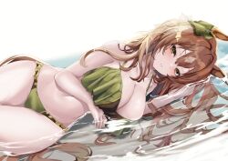 Rule 34 | 1girl, absurdres, animal ears, bikini, blush, breasts, brown eyes, brown hair, cleavage, collarbone, commentary request, everchix, frilled bikini, frills, green bikini, hair ribbon, highres, horse ears, horse girl, horse tail, large breasts, long hair, looking at viewer, lying, navel, on side, parted lips, partially submerged, ribbon, satono diamond (umamusume), solo, stomach, swimsuit, tail, thighs, umamusume, very long hair, wet