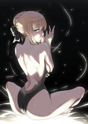 Rule 34 | 1girl, artoria pendragon (all), artoria pendragon (fate), ass, back, black background, black one-piece swimsuit, braid, breasts, fate/stay night, fate (series), french braid, hair bun, highleg, highleg swimsuit, highres, indian style, long hair, looking at viewer, looking back, one-piece swimsuit, own hands together, saber alter, single hair bun, sitting, solar (happymonk), solo, swimsuit, thighs, yellow eyes