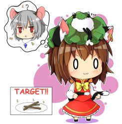 Rule 34 | :3, ?, animal ear fluff, animal ears, blouse, blush, bow, bowtie, brown hair, cat ears, cat girl, cat tail, cheese, chen, chibi, chinese clothes, chinoru, dowsing rod, earrings, english text, food, grey hair, hat, highres, holding tail, jewelry, long sleeves, mob cap, mouse (animal), mouse ears, multiple girls, multiple tails, nazrin, nekomata, pendant, plate, red eyes, red skirt, red vest, shirt, short hair, simple background, single earring, skirt, sparkle, stick, sweatdrop, tail, touhou, two tails, vest, white shirt, yellow neckwear