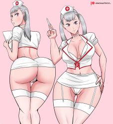 Rule 34 | 1girl, ass, ass focus, black clover, breasts, female focus, highres, huge ass, large breasts, noelle silva, nurse, purple eyes, silver hair, thick thighs, thighs, thong, twintails, white panties
