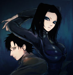Rule 34 | 00s, 1boy, 1girl, arms up, bad id, bad pixiv id, black hair, blue eyes, bodysuit, breasts, cleavage, ergo proxy, eyeshadow, igarashi ran (igatz), igatz, large breasts, long hair, makeup, re-l mayer, stretching, vincent law