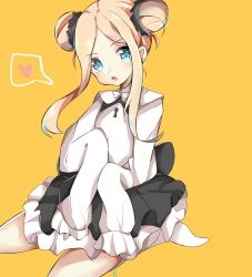 Rule 34 | 1girl, abigail williams (fate), abigail williams (festival outfit) (fate), blonde hair, blue eyes, double bun, dress, fate/grand order, fate (series), hair bun, heart, heroic spirit chaldea park outfit, looking at viewer, maid, official alternate costume, parted bangs, rtyan, sleeves past fingers, sleeves past wrists, spoken heart, yellow background