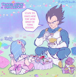 Rule 34 | 1boy, 1girl, adapted costume, black eyes, black hair, blue eyes, blue hair, boots, bra (dragon ball), child, child&#039;s drawing, commentary, cup, dragon ball, dragon ball super, english commentary, english text, father and daughter, flower, gloves, hair flower, hair ornament, highres, holding, holding cup, holding saucer, indian style, medium hair, pencil, pillow, plate, saiyan armor, saucer, sitting, spoon, stuffed animal, stuffed elephant, stuffed toy, table, tea party, teacup, teapot, teddy bear, toy car, twitter username, vegeta, whirlydoodle, white footwear, white gloves, x x