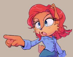 Rule 34 | 1girl, alternate hairstyle, animal ears, animal nose, arm at side, arm up, blouse, blue eyes, blue shirt, blue skirt, breasts, brown background, buttons, collared shirt, female focus, furry, furry female, highres, long sleeves, official alternate costume, open mouth, pencil skirt, pointing, red hair, sally acorn, shirt, short hair, simple background, skirt, small breasts, solo, sonic (series), sonic the hedgehog (archie comics), standing, stellarspin, tail, upper body