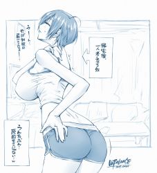 Rule 34 | 1girl, ahoge, aizawa asahi (unbalance), ass, blue theme, blush, breasts, comic, dated, greyscale, hand on own hip, hand on own shoulder, highres, large breasts, midriff, monochrome, original, short hair, short shorts, shorts, solo, sweatdrop, table, tank top, translation request, unbalance