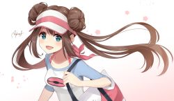 Rule 34 | 1girl, :d, bad id, bad pixiv id, bag, blue eyes, breasts, brown hair, collarbone, creatures (company), double bun, flower, game freak, hair bun, handbag, holding strap, long hair, looking at viewer, nintendo, open mouth, pink flower, pokemon, pokemon bw2, raglan sleeves, rosa (pokemon), rupinesu, sidelocks, signature, small breasts, smile, solo, twintails, upper body, visor cap