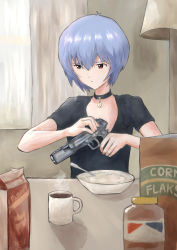 Rule 34 | 1girl, absurdres, ayanami rei, blue hair, bowl, coffee cup, corn flakes, cosplay, cup, disposable cup, food, gun, handgun, highres, holding, holding gun, holding weapon, leon the professional, mathilda lando, mathilda lando (cosplay), neon genesis evangelion, pistol, red eyes, tagme, weapon