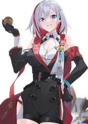 Rule 34 | 1girl, absurdres, belt, black belt, black gloves, blue eyes, breasts, cleavage, coin, commentary request, cowboy shot, elbow gloves, gloves, grey hair, grin, hand up, highres, holding, holding coin, honkai: star rail, honkai (series), large breasts, looking at viewer, multicolored hair, numby (honkai: star rail), raitho, red hair, short hair, simple background, smile, solo, standing, streaked hair, topaz (honkai: star rail), trotter (honkai: star rail), white background