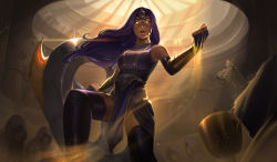 Rule 34 | 1girl, 5others, absurdres, alternate costume, bare shoulders, black gloves, boomerang, breasts, closed mouth, cup, dark-skinned female, dark skin, dress, elbow gloves, fingerless gloves, gloves, glowing, glowing eyes, hair ornament, highres, holding, holding weapon, large breasts, league of legends, long hair, multiple others, purple dress, purple hair, sand, sivir, solo focus, thighhighs, vincent t (oriaarts), weapon