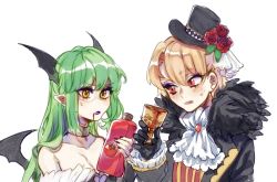 Rule 34 | 1boy, 1other, androgynous, araimin, ascot, bat wings, black coat, black gloves, black headwear, black lips, black nails, blonde hair, bottle, bridal gauntlets, chalice, choker, clothing cutout, coat, collarbone, commentary, cosplay, cup, drink, english commentary, enkidu (fate), eyes visible through hair, eyeshadow, fang, fate (series), film grain, frilled sleeves, frills, fur-trimmed coat, fur trim, gilgamesh (fate), gloves, green eyes, green hair, halloween, halloween costume, hat, head wings, heart cutout, highres, holding, holding bottle, juice, lipstick, long hair, long sleeves, makeup, mini hat, mini top hat, morrigan aensland, morrigan aensland (cosplay), nail polish, open clothes, open coat, pointy ears, purple eyeshadow, red eyes, short hair, strapless, sweat, tomato juice, top hat, vampire (game), vampire costume, white background, wings, yellow eyes