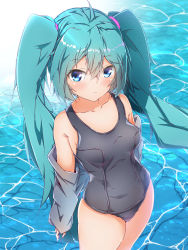 Rule 34 | 1girl, ahoge, alternate costume, aqua hair, backlighting, bare shoulders, black one-piece swimsuit, blue eyes, blush, breasts, caustics, closed mouth, collarbone, commentary request, competition school swimsuit, from above, frown, grey jacket, hair between eyes, halkawa501, hatsune miku, highres, jacket, legs together, long hair, long sleeves, looking at viewer, looking up, off shoulder, one-piece swimsuit, open clothes, open jacket, parted bangs, school swimsuit, small breasts, solo, standing, swimsuit, thighs, twintails, very long hair, vocaloid, water