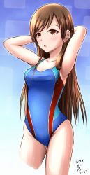 Rule 34 | 1girl, arms behind head, arms up, artist name, blue background, blue one-piece swimsuit, brown eyes, brown hair, chestnut mouth, collarbone, commentary request, competition swimsuit, cowboy shot, dated, gradient background, h2 (h20000000), highres, idolmaster, idolmaster cinderella girls, idolmaster cinderella girls starlight stage, long hair, nitta minami, one-piece swimsuit, solo, standing, swimsuit