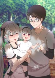 Rule 34 | 1boy, 2girls, age difference, alternate costume, azur lane, baby carry, bad feet, black hair, black pants, black ribbon, brown hair, carrying, commander cool, commentary, father and daughter, formidable (azur lane), glasses, gold, green eyes, grey hair, grey shirt, hair over shoulder, hair ribbon, highres, husband and wife, jewelry, long hair, long sleeves, medium hair, mother and daughter, multiple girls, pants, red eyes, ribbon, ring, shirt, short hair, short sleeves, sidelocks, tree, twintails, very long hair, wedding band, white shirt