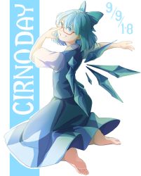 Rule 34 | 1girl, adjusting eyewear, barefoot, bespectacled, blue hair, bow, character name, cirno, dated, glasses, grin, hair bow, highres, ice, ice wings, kneeling, looking at viewer, looking back, math, mefomefo, outstretched arm, semi-rimless eyewear, short hair, simple background, smile, solo, touhou, under-rim eyewear, white background, wings