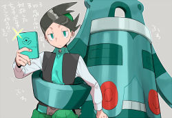 Rule 34 | 1boy, belt, black hair, bronzong, buttons, closed mouth, commentary request, creatures (company), frown, game freak, gen 4 pokemon, green belt, green eyes, green hair, green necktie, green pants, grey background, half-closed eyes, holding, male focus, migi (mm86262394), multicolored hair, necktie, nintendo, pants, pokemon, pokemon (creature), pokemon dppt, pokemon platinum, thorton (pokemon), translation request, two-tone hair